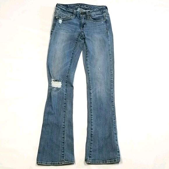 American Eagle Women's Jeans Size 00  Stretch Skinny Kick Bootcut Denim Distress - Picture 1 of 7